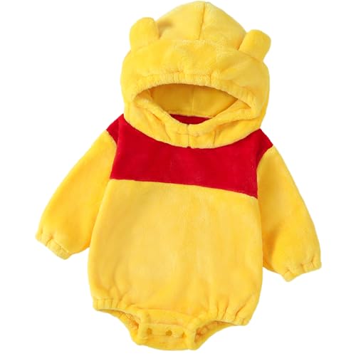 Loalirando Mono Mono Animal Bebé Unisex con Capucha de Manga Larga de Terciopelo Cálido para Invierno (0-24 meses), Amarillo oso, 0-3 meses