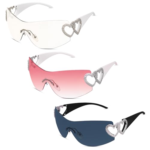 Image of JTYKUYR 3 Pairs Y2K Wrap Around Rimless Sunglasses Trendy Shield Silver Heart 2000S Fashion Frameless Sun Glasses for Women