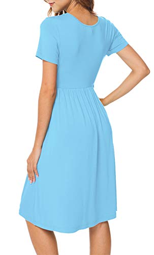 Image of DB MOON Women Summer Casual Short Sleeve Dresses Empire Waist Dress with Pockets (Light Blue, M)