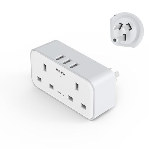 UK to Australia Plug Adapter With 3 USB Grounded Australian China New Zealand Travel Plug Adaptor Double Outlet UK with Dual 2 Pin Socket at The Bottom for AUS NZ Argentina Fiji (Type I)