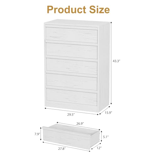 GarveeHome 5 Drawer Dresser for Bedroom, White 5 Chest of Drawers Tall with Large Drawers Storage, Modern Dresser Organizer for Living Room, Nursery, Entryway