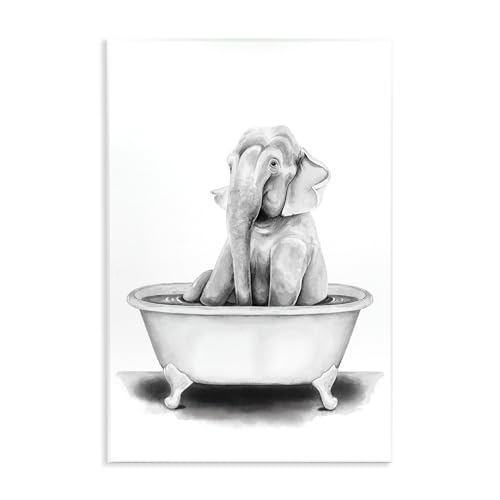 Image of Elephant in Tub Funny Bathroom, 13 x 19 Inch Mounted Print on Wall Plaque