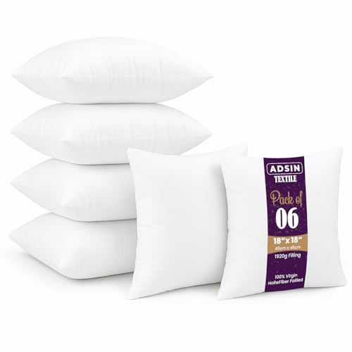 Set of 6-45cm x 45cm Hollowfibre New White Cushion Pad Inner Stuffer Pillow Polyester Insert Square Hypoallergenic (Pack of 6 | 18" x 18")