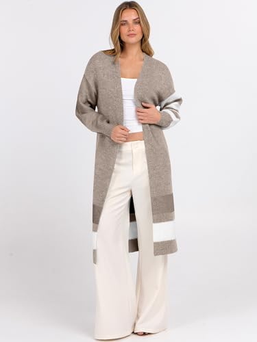 Caracilia Womens Oversized Long Cardigan Sweaters Color Block Open Front Duster Coat Knit Outwear 2025 Fall Outfits3