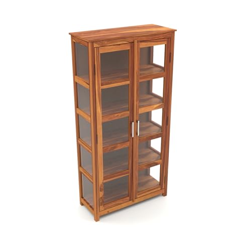 Image of Ekdantix FurnitureSolid Wood Bookshelf with Acrylic Glass Doors | Wooden Display Cabinet for Living Room | Multipurpose Storage Almirah for Books, Decor & Office Use (Honey Finish)