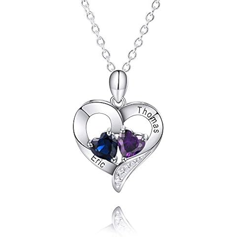 VIBOOS Personalized 925 Sterling Silver Heart Necklace for Women Mom Wife Girlfriend Customize Engraving Name/Date Relationship Pendant with 2 Heart Birthstones Mother's Day Birthday Gift Cover