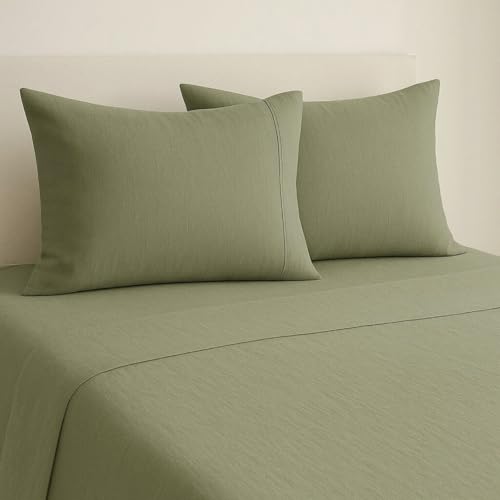 Image of Haus and Kinder Double Bedsheet, 300 TC 100% Organic Cotton Percale Weave, Fitted Bedsheet for Double Size Bed with 2 Pillow Covers - Marrow Stitch Detaling (Coastal Calm, 60 inchx78 inchx10 Size)