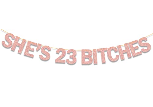 Image of She's 23 Bitches Banner 23rd Birthday Decorations for Women, Funny Glitter Rose Gold She's 23 Party Supplies