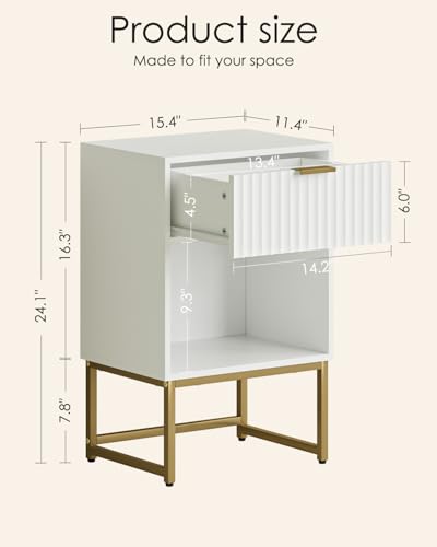 Image of Masupu White Nightstand, Fluted Night Stand, Wood Bedside Table with Storage Drawer, Modern Side End Table for Bedroom, White