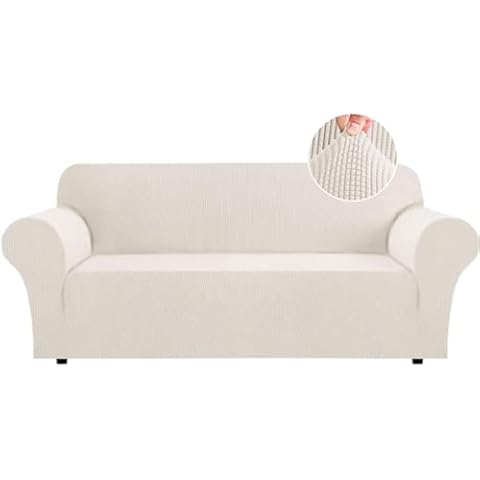 Flamingo P High Stretch Sofa Slipcover Non Slip Couch Cover for 3 Cushion Couch Washable Pet Furniture Protector Covers with Elastic Bottom, Thick Jacquard Fabric (Large, Ivory) Cover