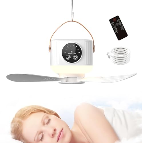 Ventilador de techo iluminado con ventilador de techo de campamento remoto con luz | Ventilador de techo de 3600 mAh con control remoto y luces LED - Dispositivo de enfriamiento recargable USB con tem