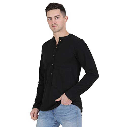 Image of Men Black Henley Neck Cotton Full Sleeve T-Shirt