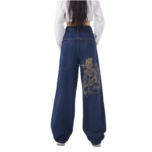 Y2K Dragon Denim: Unisex Baggy Jeans with Embroidered Mythical Dragon - Street Style Hip-Hop Denim Jeans for Men