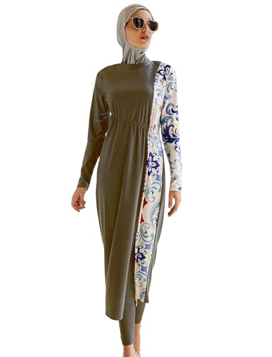 OBEEII Burkini Swimsuits for Women Full Coverage Long Sleeve Muslim Islamic Swimwear Rash Guard Patchwork Burkini Bathing Suit with Hijab Summer Sun Protection Swimming Suit Green-Floral Print M