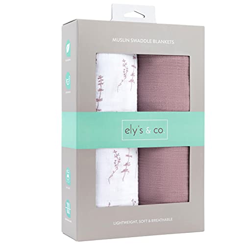 Image of Ely's & Co. Muslin Swaddle Blanket 2-Pack - 100% Cotton Muslin Extra-Large Swaddle Blankets (47 inch x 47 inch) Solid + Printed (Delicate Leaves + Solid Lavender)