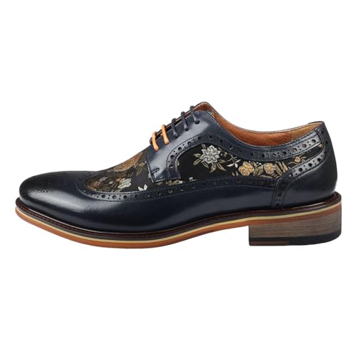 Image of Men's Shoes Floral Print Leather Oxford Brogue Lace Up Formal Dress Shoe - Navy 12