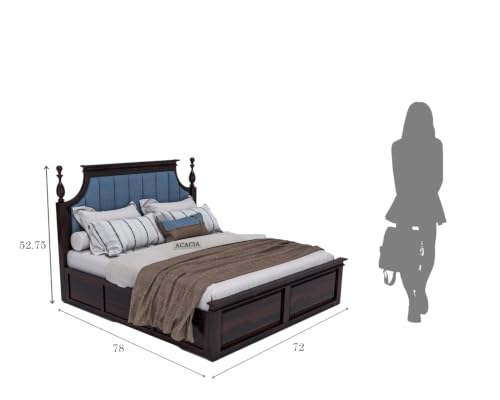 Image of Craft Wooden King Size Bed with Storage | Double Bed Cot Bed with Box Storage & Blue Colour Upholstered Cushioned Headboard for Bedroom, Sheesham Wood, Walnut Finish