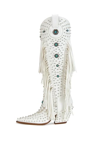 sexytag Fringe Cowboy Boots Rhinestone Embellishments Knee High Cowgirl Boots Turquoise Flower Studded Western Booties