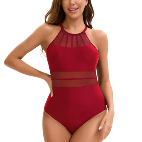 Lu's Chic Women's Breathable One Piece Bathing Suit Spring Break Cami Beachwear Cheeky High Neck Brief Mesh Bathing Suit