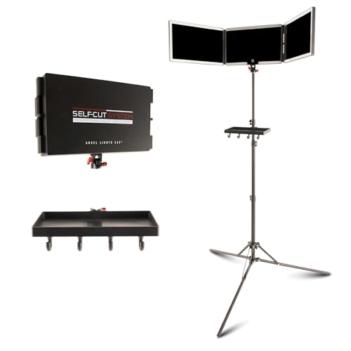 Self-Cut System Angel Lights Tripod - 3 Way Mirror for Self Hair Cutting - Includes Attachable Clipper & Trimmer Tray - Trifold Barber Mirror - Adjustable Height & Brightness - Travel-Friendly