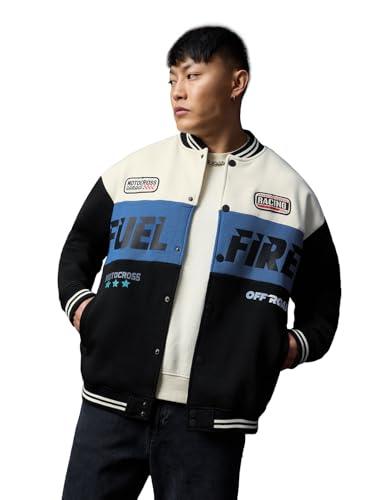Image of The Souled Store Varsity Jacket: Fuel & Fire Men and Boys Full Sleeves Spread Collar Black and Blue Typography Cotton Polyester Blend Regular Fit Lightweight Winter Varsity Jacket