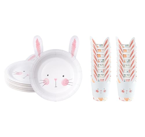 Cheerland Pink Bunny Plates and Easter Paper Cup with Bunny Sleeves for Rabbit Theme Party Supplies and Decorations
