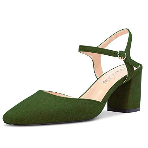 NobleOnly Mujer Medio Chunky Ancho Heel Cerrado el Dedo del pie Cuadrada Punta Slingback Correa Tobillo Sandalias Fiesta Dress Zapatos 6.5 CM Heels Verde Oscuro A 38 EU