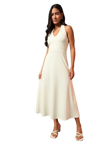 Trend Arrest.ed Women's Fit and Flare Midi Dress | V Neck Tie-Back Halter Style | Stretchable Fabric | Sleeveless Flowy Dress for Brunch, Beach, Vacation & Casual Outings