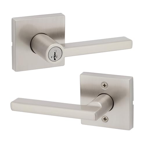 Image of Kwikset Halifax Keyed Storeroom Entry Door Handle with Lock and Key, Secure Keyed Reversible Lever Exterior, Front Entrance and Bedrooms, Satin Nickel, Pick Resistant SMT Rekey Security and Microban