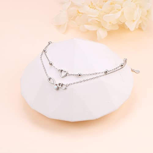 Image of Flyow Anklet for Women S925 Sterling Silver Adjustable Foot Beaded Heart Charm Ankle Bracelet Anklets Jewelry