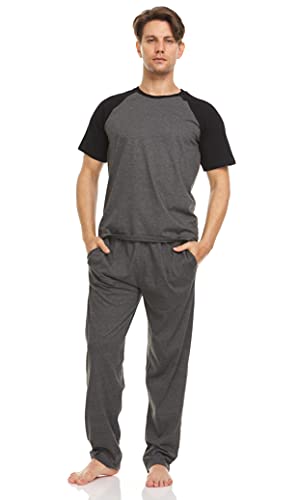 Essential Elements Mens 100% Cotton Sleepwear Raglan Short Sleeve Top And Pants Pajama Lounge Sleep Set (Xx-Large, Charcoal/Black) #TOP16