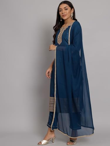 Image of VredeVogel Women's Silk Blend Embroidered Kurta with Pant & Nazneen Dupatta Set