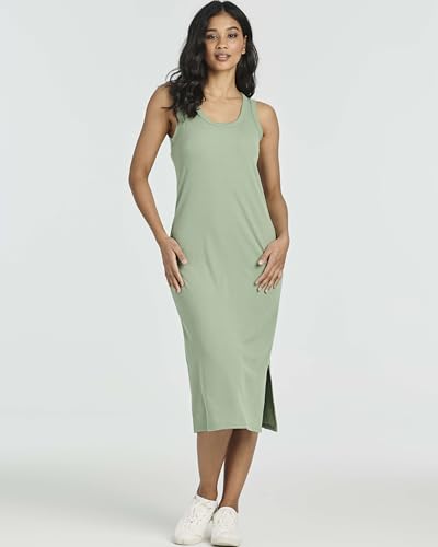 Image of Real Essentials 3 Pack: Women's Ribbed Knit Sleeveless Crew Neck Tank Casual Midi Shift Dress with Slit