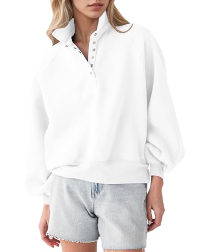 Locachy Damen-Sweatshirt mit Knopf, Henley-Ausschnitt, Baumwolle, übergroß, lässig, Pullover, Tops, überschnittene Schultern, modische Outfits, Weiss/opulenter Garten, XL
