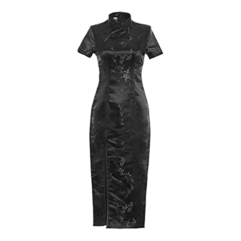 Shanghai Story Short Sleeve Long Qipao Brocade Chinese Traditional Cheongsam Dress for Womens Plum Blossom Embroidery Black Size L Cover