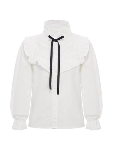 Kids Girls School Uniform Shirts Puff Long Sleeve Princess Lace Ruffle Collar Bowtie Button Down Blouse Tops3