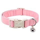 Maca Bates Cherry Blossom Pink Solid Cotton Basic Dog Collar with Cute Paw Charm for Extra Small Girl Female Puppy,Adjustable Durable Soft Comfortable Girly Dogs Collars with Safety Plastic Buckle