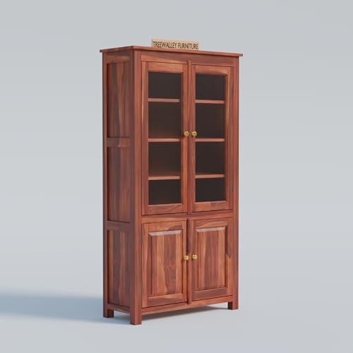 Image of Solid Sheesham Wood Crockery Cabinet with 2 Acrylic Glass Doors | Wooden Wardrobe Kitchen Cabinet with 6 Shelves Storage | Bookcase for Living Room, Bedroom & Office | Honey Finish