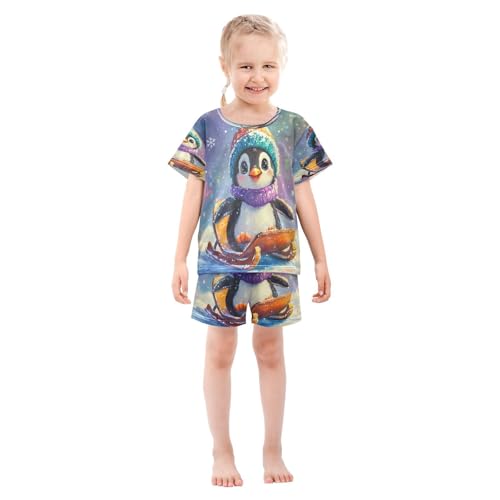 ALAZA Cute Penguin Snowflake Christmas Pajamas Set Short Sleeve Cotton Sleepwear Summer Pjs 2 Piece 5-14Y3