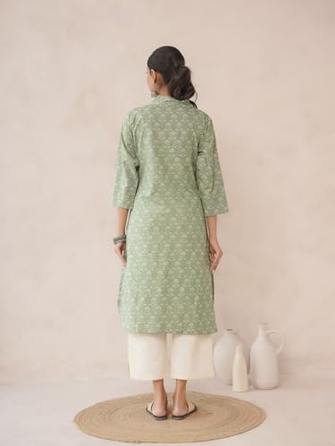 Image of GOODHAND Women Cotton Block Printed Kurta, Straight Fit Ethnic Kurti for Daily,Office & Casual Use
