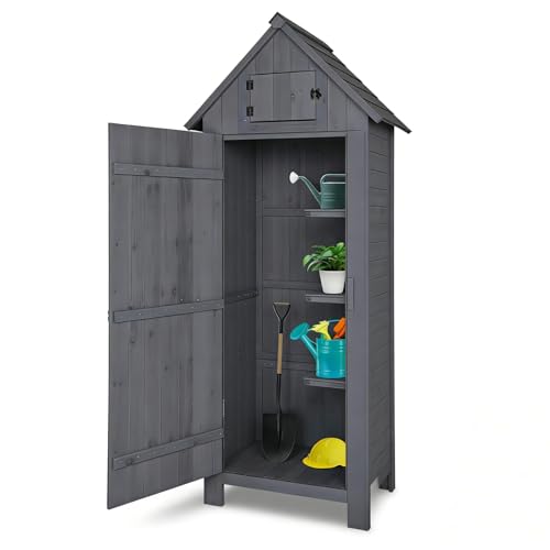 LEADZM Gartenschrank Holz für Außenbereich, gartenhaus Holz, Grau, 3 Regalböden, geräteschuppen für Garten, Terrasse, 77 X 54 X 180 cm