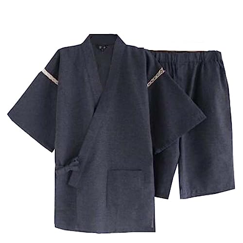 ZEALMAX Men's Kimono Japanese Jinbei Shirt and Pant Cotton Linen Loungewear Lounge Set Spa Bathrobe, Style 7, Black Dark Gray