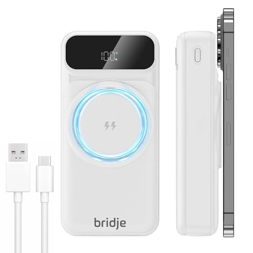 Bridje Magnetic Power Bank 20000mAh Wireless & Wired Portable Charger with Type-C Cable, 4 Built-In Cables, LCD Display, 22.5W Fast Charging for iPhone 16/15/14/13/12 & Android – White