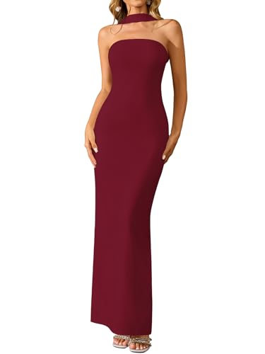 HTZMO Elegantes Maxikleid für Damen, figurbetont, Neckholder, formelle Hochzeit, Gast, Cocktailparty, langes Kleid, Wein, Klein
