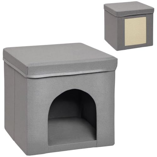 PawHut Niche Casa per Gatto Cubo Pieghevole con Vassoio Tiragraffi Cuscino Morbido Tessuto Aspetto Lino 36,5 x 36,5 x 36,5 cm, Grigio
