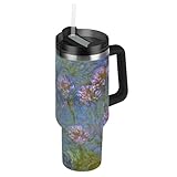 Stainless Steel Tumblers with Lid and Straws Claude Monet Agapanthus Anagoria Hot Coffee Cups for Car Leakproof Tumbler with Handle 40 Oz Insulated Water Bottles