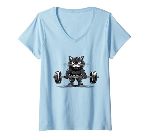 Women's Cat Deadlifting Funny Fitness Gym Workout Cat Lovers V-Neck T-Shirt