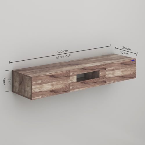 Image of Anikaa Lucen Wall Mount Modern Floating TV Unit for Living Room | 3 Closed Storage cabinets with hinged Door - Blue Color LED Light | Ideal for UP to 65 Inch TV (Walnut Finish - DIY