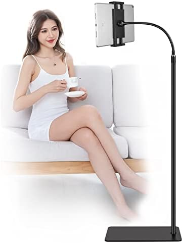 Tablet Floor Stand with Double Weight Base 360-degree Rotatable Metal Tablet Holder with Flexible Gooseneck Holder Long Arm for iPad Mini Air Pro, All Cell Phones iPhone & Tablets (4.5-12.9-inch)