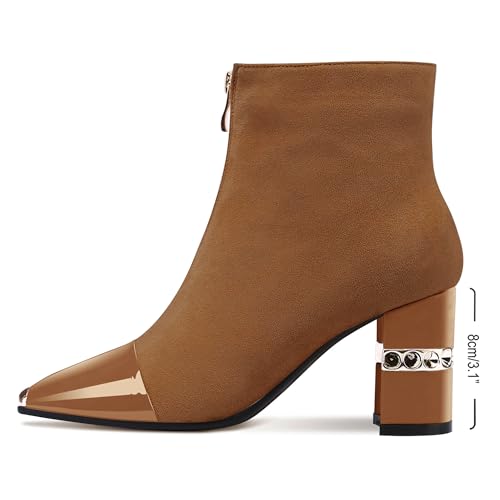 Image of XINIUNIU Women's Ankle Boots Block Chunky Heels Booties Metal Square Toe Suede Front Zipper 3 Inch Short Boot Dress